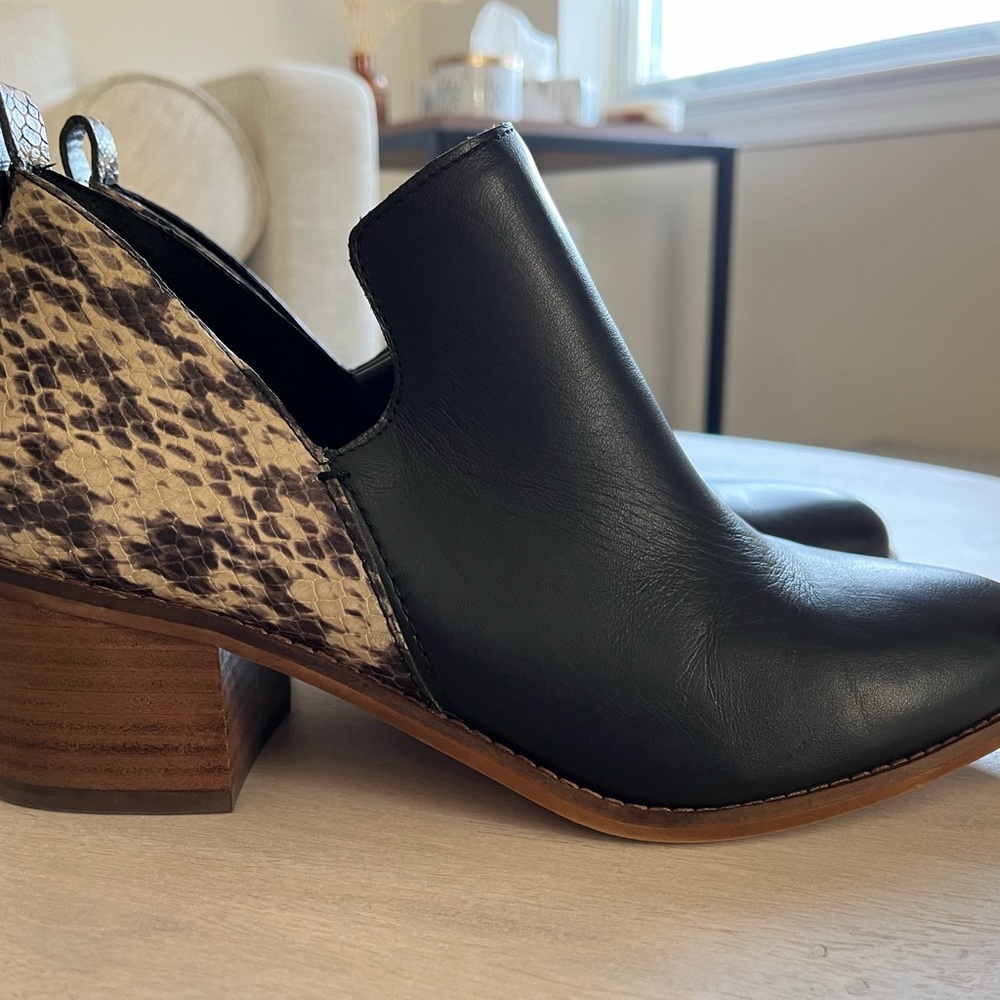 Lightly Worn, 1. State, black with animal print leather wedge, size 7 1/2.